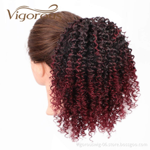 Vigorous Best Selling Ombre Burgundy Dark Root Kinky Curly Heat Resistant Fiber Drawstring Synthetic Ponytail Hair Extension